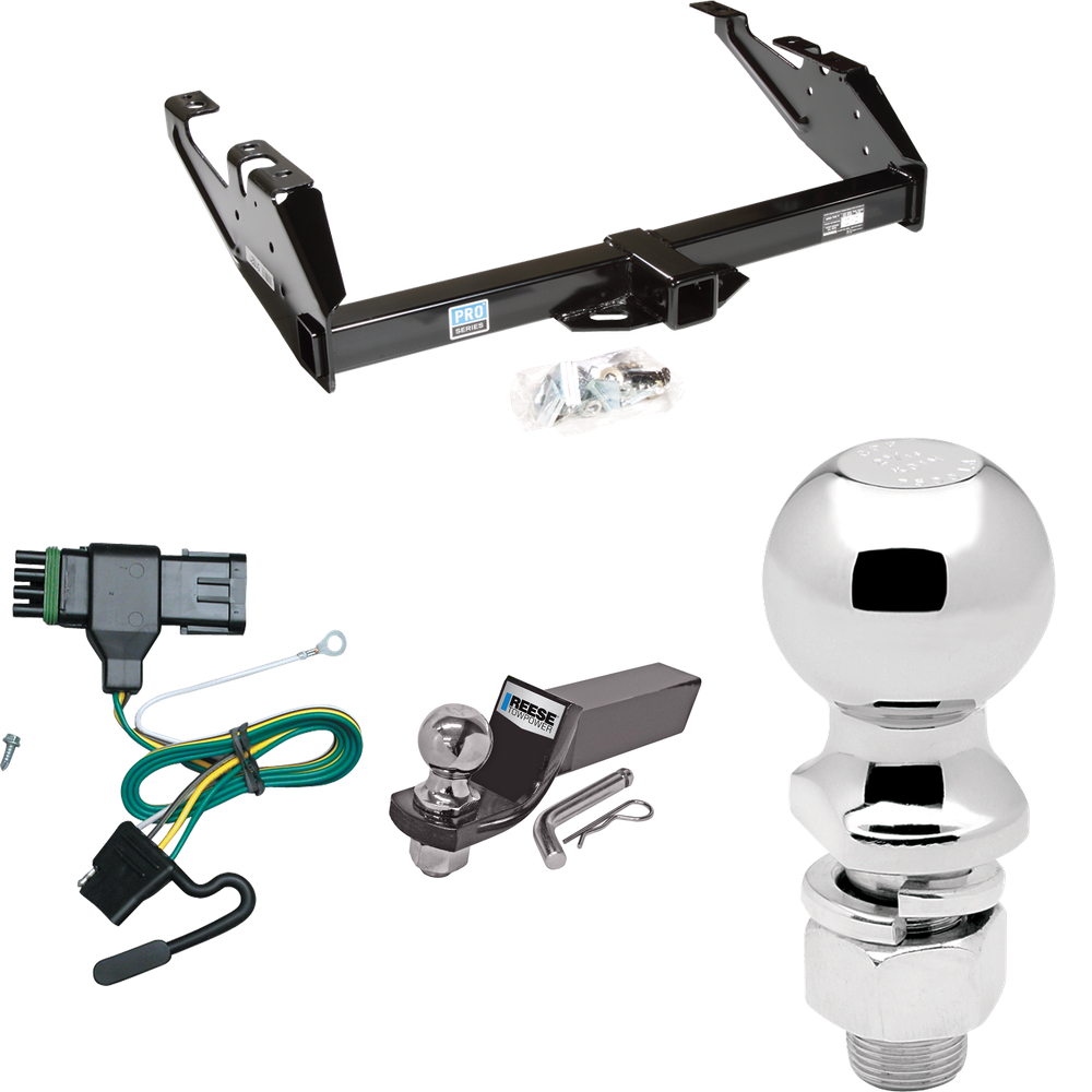 Fits 1988-1999 Chevrolet C2500 Trailer Hitch Tow PKG w/ 4-Flat Wiring + Starter Kit Ball Mount w/ 2" Drop & 2" Ball + 2-5/16" Ball (For Regular & Extended Cabs Models) By Reese Towpower