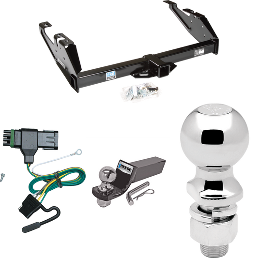 Fits 1988-1999 Chevrolet C2500 Trailer Hitch Tow PKG w/ 4-Flat Wiring + Starter Kit Ball Mount w/ 2" Drop & 2" Ball + 2-5/16" Ball (For Regular & Extended Cabs Models) By Reese Towpower