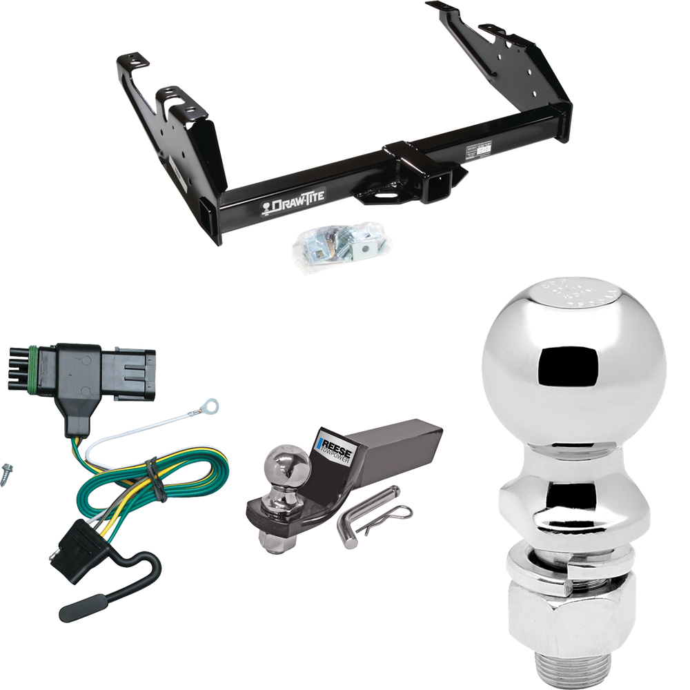 Fits 1988-2000 Chevrolet K3500 Trailer Hitch Tow PKG w/ 4-Flat Wiring + Starter Kit Ball Mount w/ 2" Drop & 2" Ball + 2-5/16" Ball (For Regular & Extended Cabs Models) By Draw-Tite