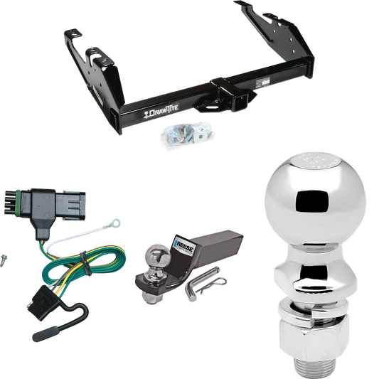 Fits 1988-2000 Chevrolet K3500 Trailer Hitch Tow PKG w/ 4-Flat Wiring + Starter Kit Ball Mount w/ 2" Drop & 2" Ball + 2-5/16" Ball (For Regular & Extended Cabs Models) By Draw-Tite