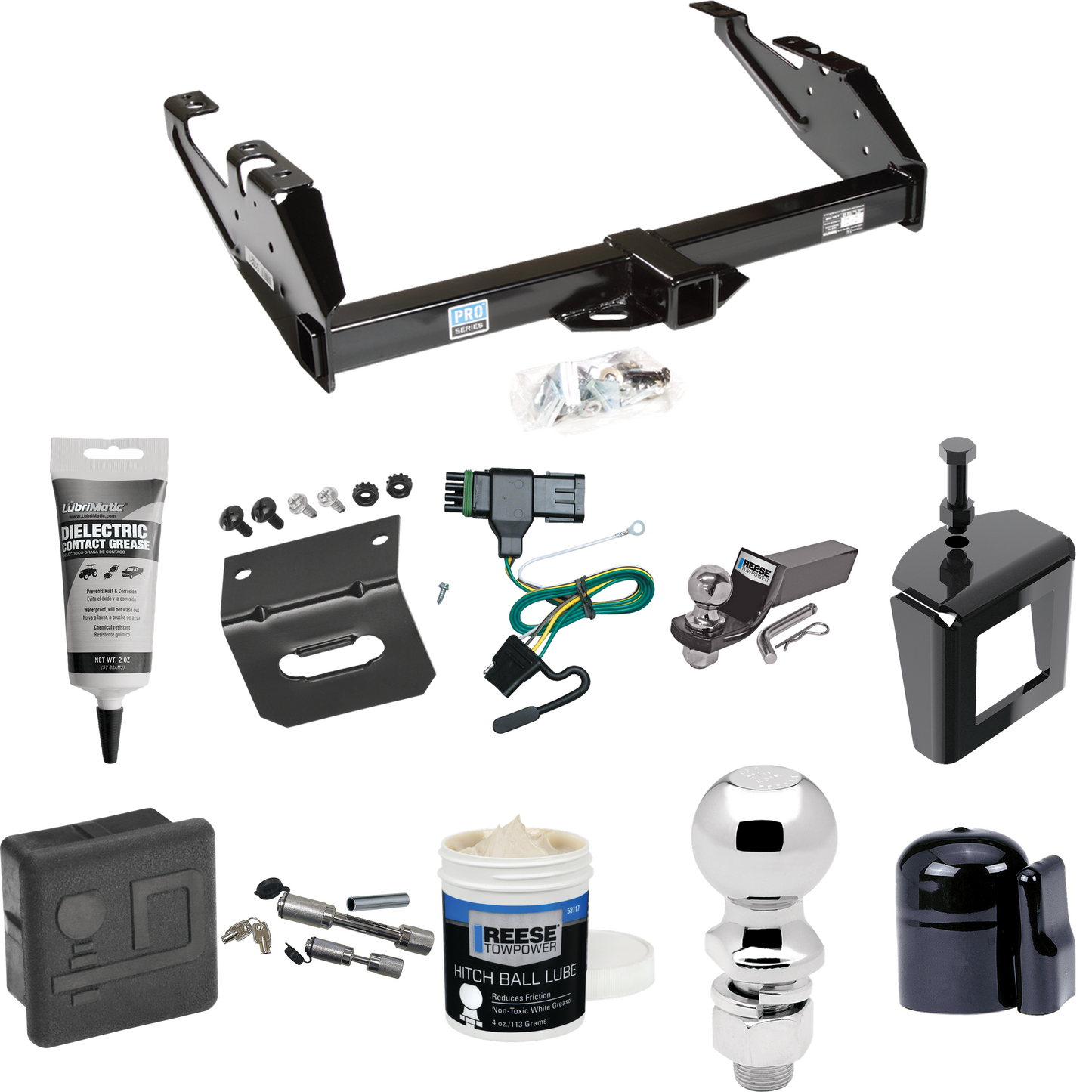 Fits 1988-2000 GMC K3500 Trailer Hitch Tow PKG w/ 4-Flat Wiring + Starter Kit Ball Mount w/ 2" Drop & 2" Ball + 2-5/16" Ball + Wiring Bracket + Dual Hitch & Coupler Locks + Hitch Cover + Wiring Tester + Ball Lube +Electric Grease + Ball Wrench + Anti