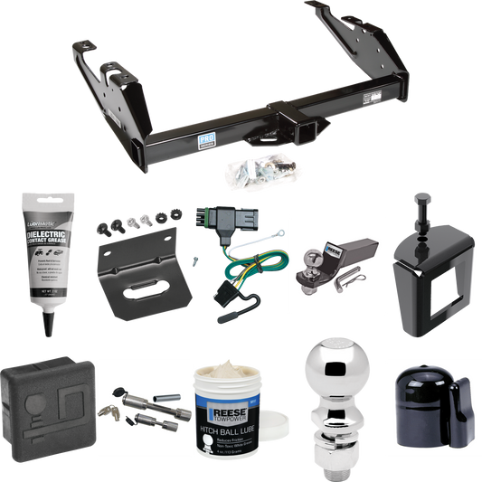 Fits 1988-2000 GMC K3500 Trailer Hitch Tow PKG w/ 4-Flat Wiring + Starter Kit Ball Mount w/ 2" Drop & 2" Ball + 2-5/16" Ball + Wiring Bracket + Dual Hitch & Coupler Locks + Hitch Cover + Wiring Tester + Ball Lube +Electric Grease + Ball Wrench + Anti