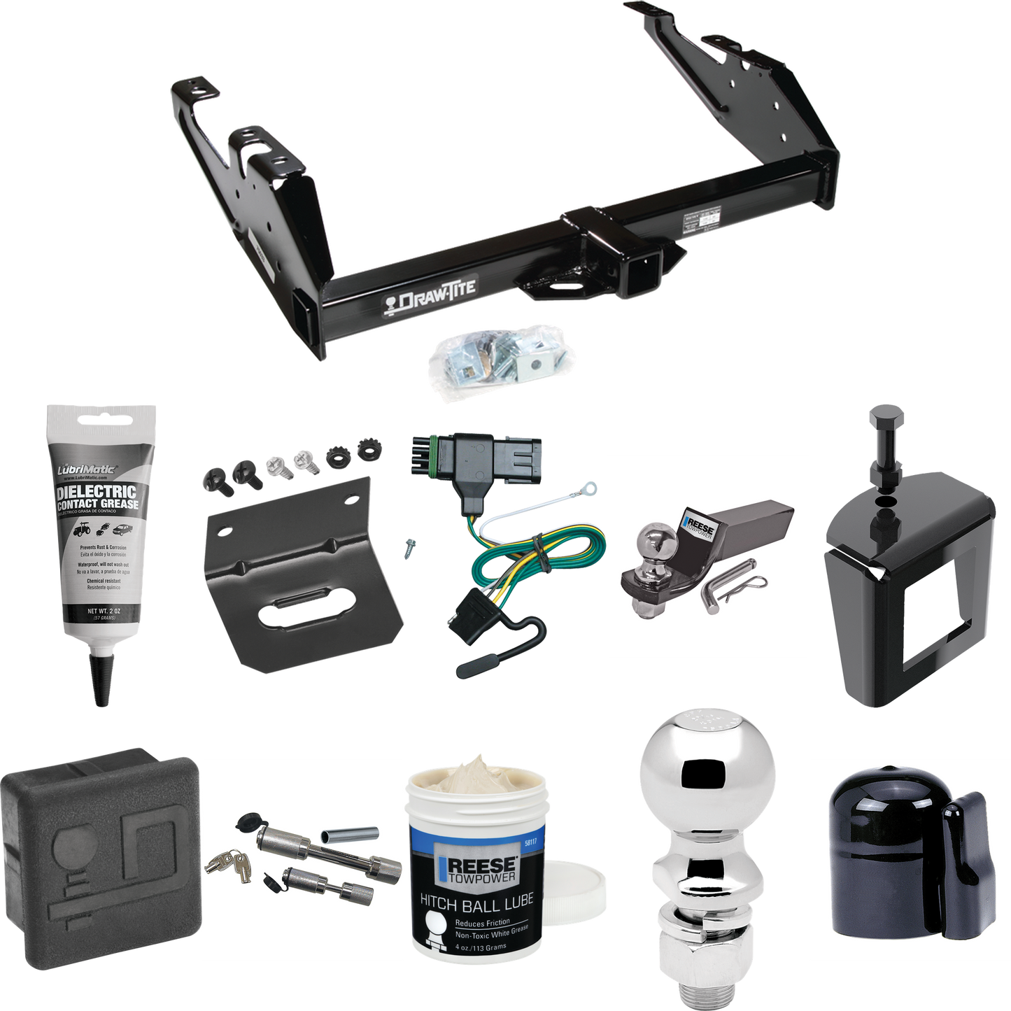 Fits 1988-2000 GMC C3500 Trailer Hitch Tow PKG w/ 4-Flat Wiring + Starter Kit Ball Mount w/ 2" Drop & 2" Ball + 2-5/16" Ball + Wiring Bracket + Dual Hitch & Coupler Locks + Hitch Cover + Wiring Tester + Ball Lube +Electric Grease + Ball Wrench + Anti