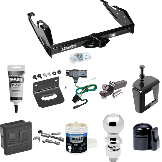 Fits 1988-2000 GMC C3500 Trailer Hitch Tow PKG w/ 4-Flat Wiring + Starter Kit Ball Mount w/ 2" Drop & 2" Ball + 2-5/16" Ball + Wiring Bracket + Dual Hitch & Coupler Locks + Hitch Cover + Wiring Tester + Ball Lube +Electric Grease + Ball Wrench + Anti