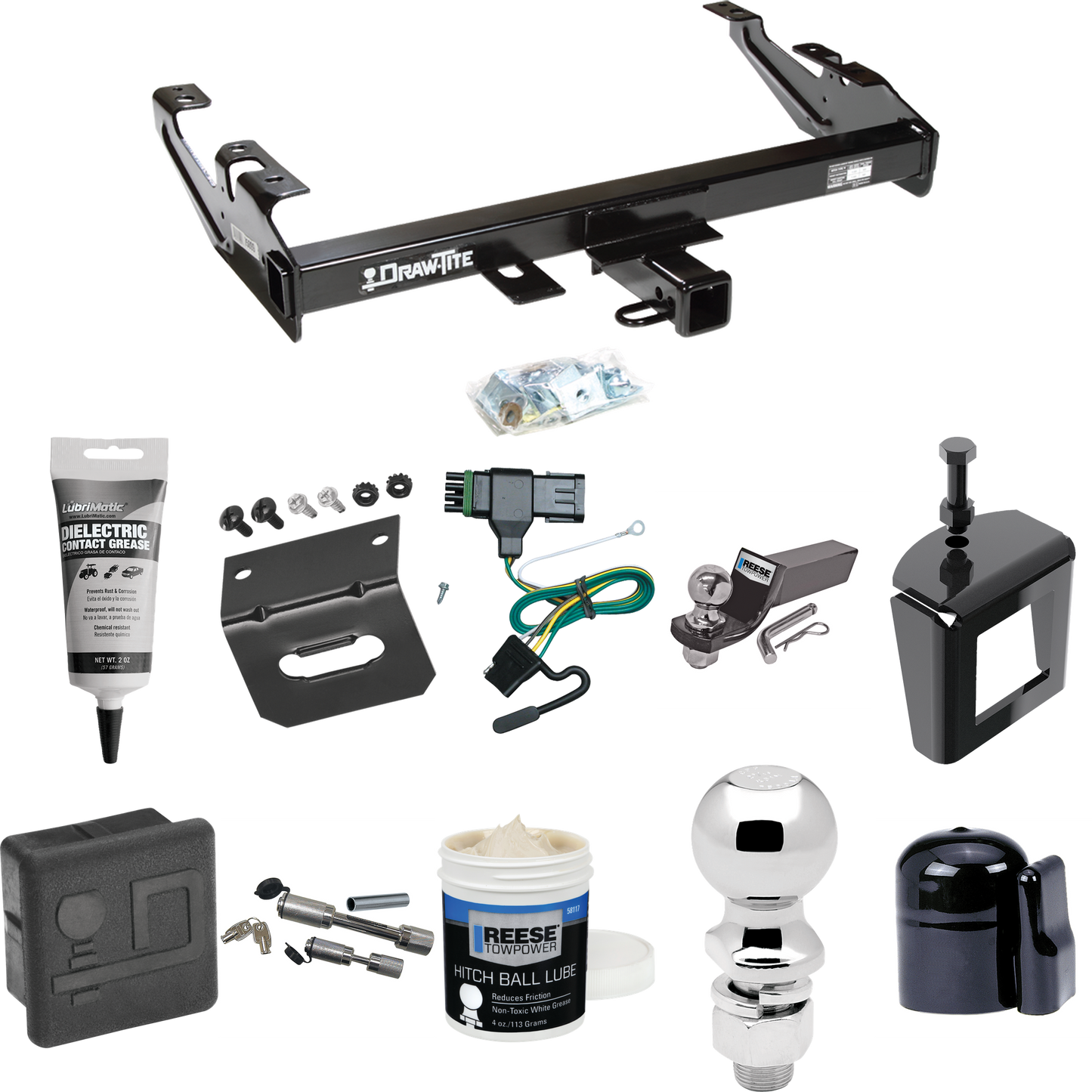 Fits 1988-1999 Chevrolet K2500 Trailer Hitch Tow PKG w/ 4-Flat Wiring + Starter Kit Ball Mount w/ 2" Drop & 2" Ball + 2-5/16" Ball + Wiring Bracket + Dual Hitch & Coupler Locks + Hitch Cover + Wiring Tester + Ball Lube +Electric Grease + Ball Wrench