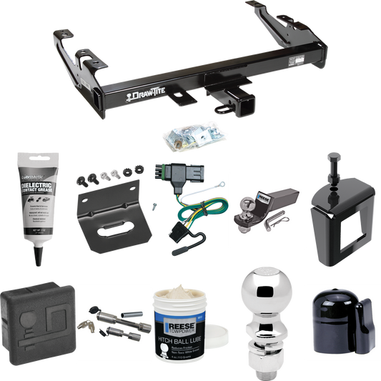 Fits 1988-1999 Chevrolet K2500 Trailer Hitch Tow PKG w/ 4-Flat Wiring + Starter Kit Ball Mount w/ 2" Drop & 2" Ball + 2-5/16" Ball + Wiring Bracket + Dual Hitch & Coupler Locks + Hitch Cover + Wiring Tester + Ball Lube +Electric Grease + Ball Wrench