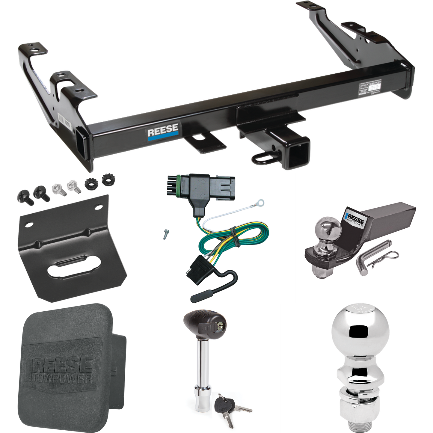 Fits 1988-2000 GMC K2500 Trailer Hitch Tow PKG w/ 4-Flat Wiring + Starter Kit Ball Mount w/ 2" Drop & 2" Ball + 2-5/16" Ball + Wiring Bracket + Hitch Lock + Hitch Cover By Reese Towpower