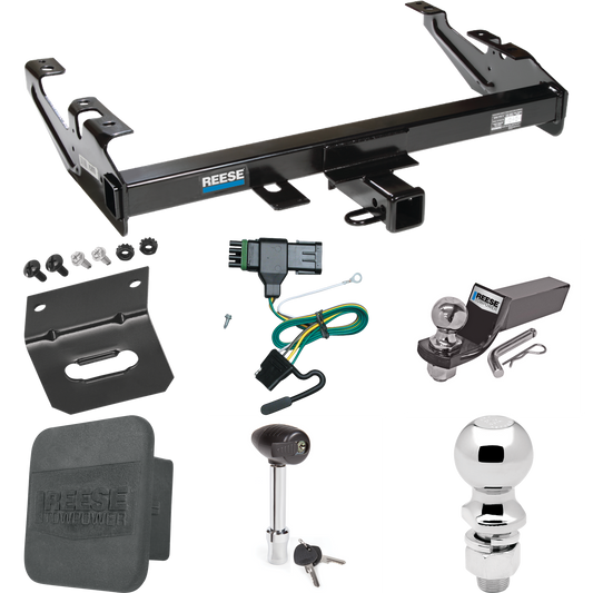 Fits 1988-2000 GMC K2500 Trailer Hitch Tow PKG w/ 4-Flat Wiring + Starter Kit Ball Mount w/ 2" Drop & 2" Ball + 2-5/16" Ball + Wiring Bracket + Hitch Lock + Hitch Cover By Reese Towpower