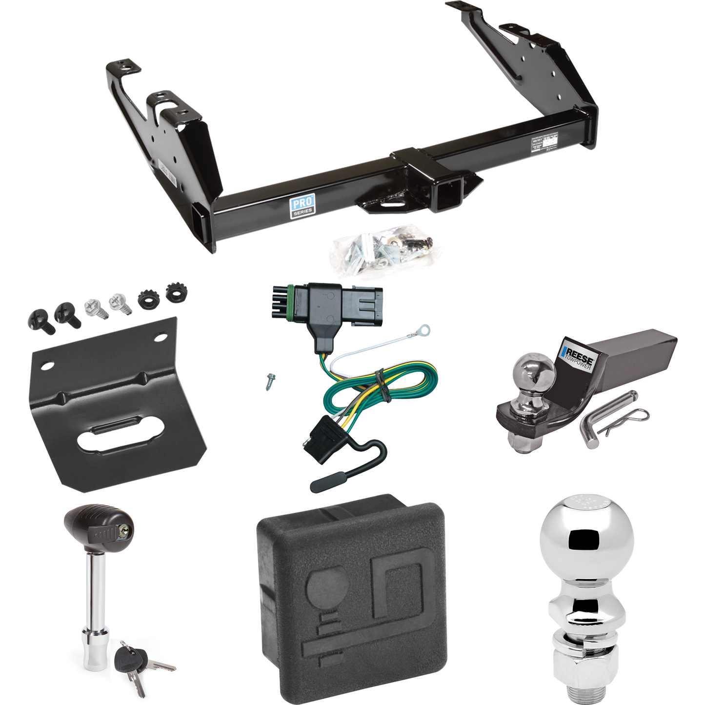 Fits 1988-1999 Chevrolet K2500 Trailer Hitch Tow PKG w/ 4-Flat Wiring + Starter Kit Ball Mount w/ 2" Drop & 2" Ball + 2-5/16" Ball + Wiring Bracket + Hitch Lock + Hitch Cover (For Regular & Extended Cabs Models) By Reese Towpower