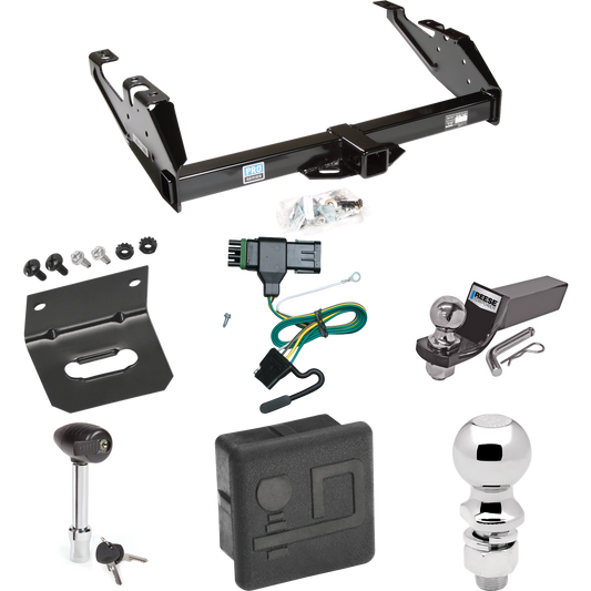 Fits 1988-1999 Chevrolet K2500 Trailer Hitch Tow PKG w/ 4-Flat Wiring + Starter Kit Ball Mount w/ 2" Drop & 2" Ball + 2-5/16" Ball + Wiring Bracket + Hitch Lock + Hitch Cover (For Regular & Extended Cabs Models) By Reese Towpower