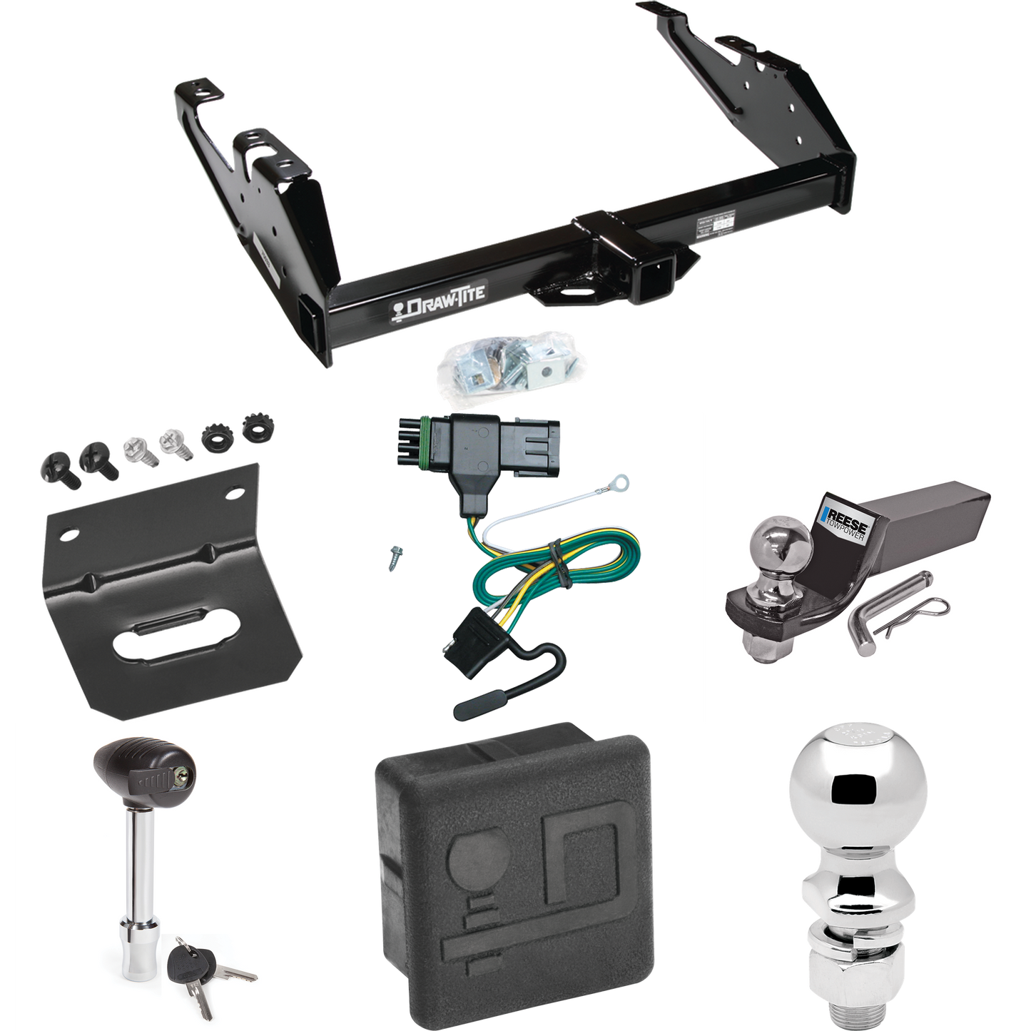 Fits 1988-2000 GMC K2500 Trailer Hitch Tow PKG w/ 4-Flat Wiring + Starter Kit Ball Mount w/ 2" Drop & 2" Ball + 2-5/16" Ball + Wiring Bracket + Hitch Lock + Hitch Cover By Draw-Tite