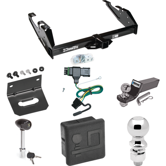 Fits 1988-2000 GMC K2500 Trailer Hitch Tow PKG w/ 4-Flat Wiring + Starter Kit Ball Mount w/ 2" Drop & 2" Ball + 2-5/16" Ball + Wiring Bracket + Hitch Lock + Hitch Cover By Draw-Tite