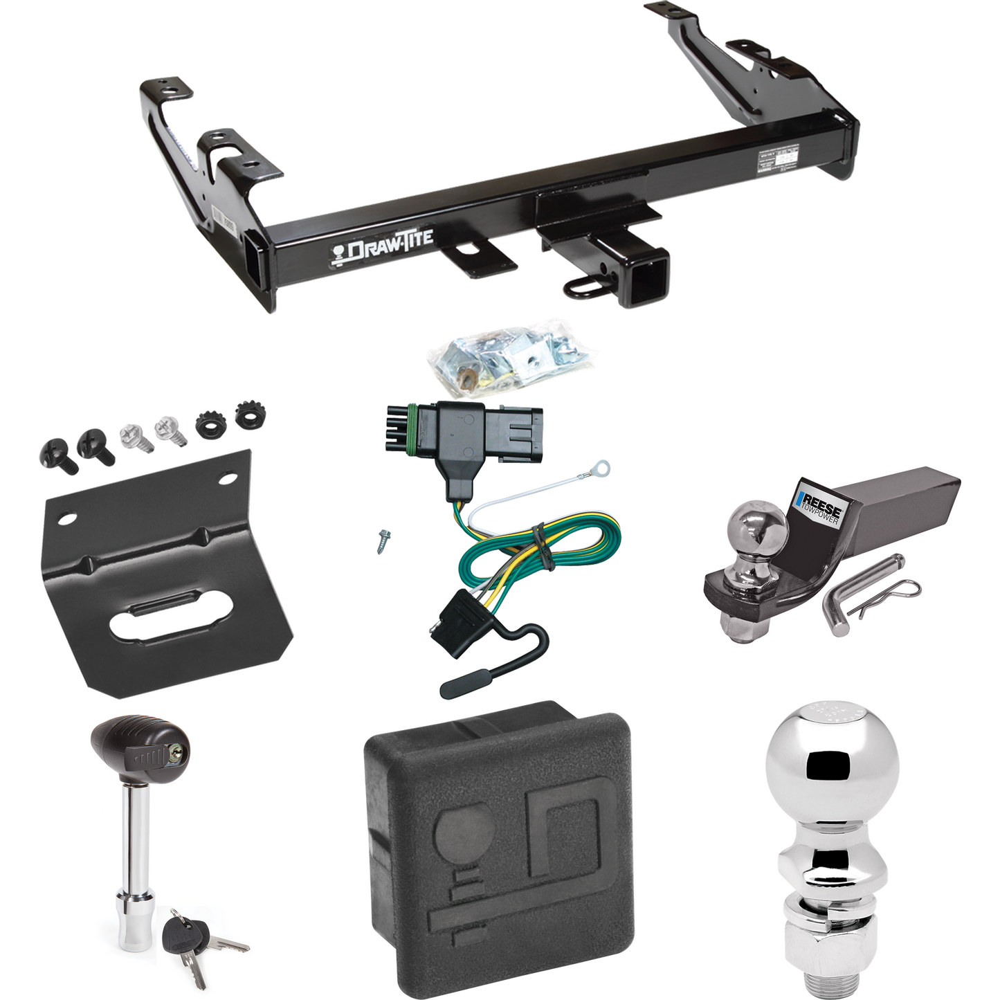 Fits 1992-2000 Chevrolet C3500 Trailer Hitch Tow PKG w/ 4-Flat Wiring + Starter Kit Ball Mount w/ 2" Drop & 2" Ball + 2-5/16" Ball + Wiring Bracket + Hitch Lock + Hitch Cover (For Crew Cab Models) By Draw-Tite