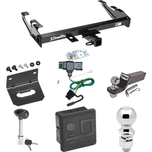 Fits 1992-2000 Chevrolet C3500 Trailer Hitch Tow PKG w/ 4-Flat Wiring + Starter Kit Ball Mount w/ 2" Drop & 2" Ball + 2-5/16" Ball + Wiring Bracket + Hitch Lock + Hitch Cover (For Crew Cab Models) By Draw-Tite