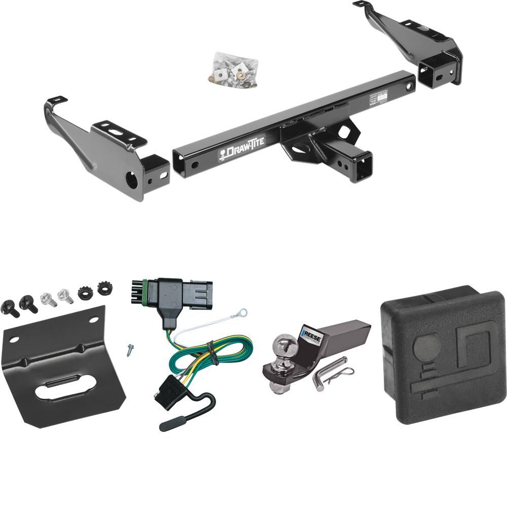 Fits 1992-2000 Chevrolet C2500 Trailer Hitch Tow PKG w/ 4-Flat Wiring + Starter Kit Ball Mount w/ 2" Drop & 2" Ball + Wiring Bracket + Hitch Cover (For Crew Cab Models) By Draw-Tite