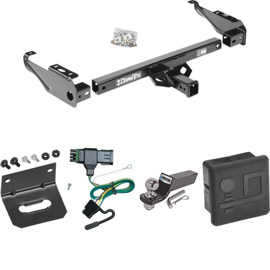 Fits 1992-2000 Chevrolet C2500 Trailer Hitch Tow PKG w/ 4-Flat Wiring + Starter Kit Ball Mount w/ 2" Drop & 2" Ball + Wiring Bracket + Hitch Cover (For Crew Cab Models) By Draw-Tite