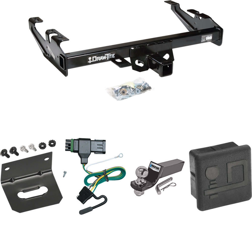 Fits 1988-1999 Chevrolet K2500 Trailer Hitch Tow PKG w/ 4-Flat Wiring + Starter Kit Ball Mount w/ 2" Drop & 2" Ball + Wiring Bracket + Hitch Cover (For Regular & Extended Cabs Models) By Draw-Tite