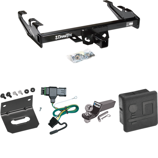 Fits 1988-1999 Chevrolet K2500 Trailer Hitch Tow PKG w/ 4-Flat Wiring + Starter Kit Ball Mount w/ 2" Drop & 2" Ball + Wiring Bracket + Hitch Cover (For Regular & Extended Cabs Models) By Draw-Tite