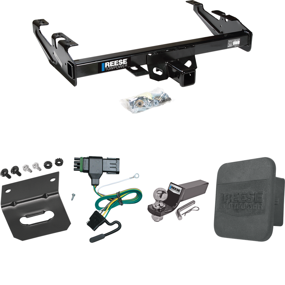 Fits 1988-2000 Chevrolet C3500 Trailer Hitch Tow PKG w/ 4-Flat Wiring + Starter Kit Ball Mount w/ 2" Drop & 2" Ball + Wiring Bracket + Hitch Cover (For Regular & Extended Cabs Models) By Reese Towpower