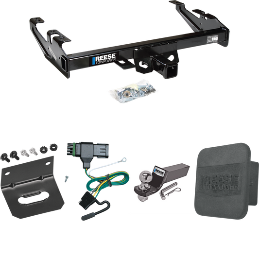 Fits 1988-2000 Chevrolet C3500 Trailer Hitch Tow PKG w/ 4-Flat Wiring + Starter Kit Ball Mount w/ 2" Drop & 2" Ball + Wiring Bracket + Hitch Cover (For Regular & Extended Cabs Models) By Reese Towpower