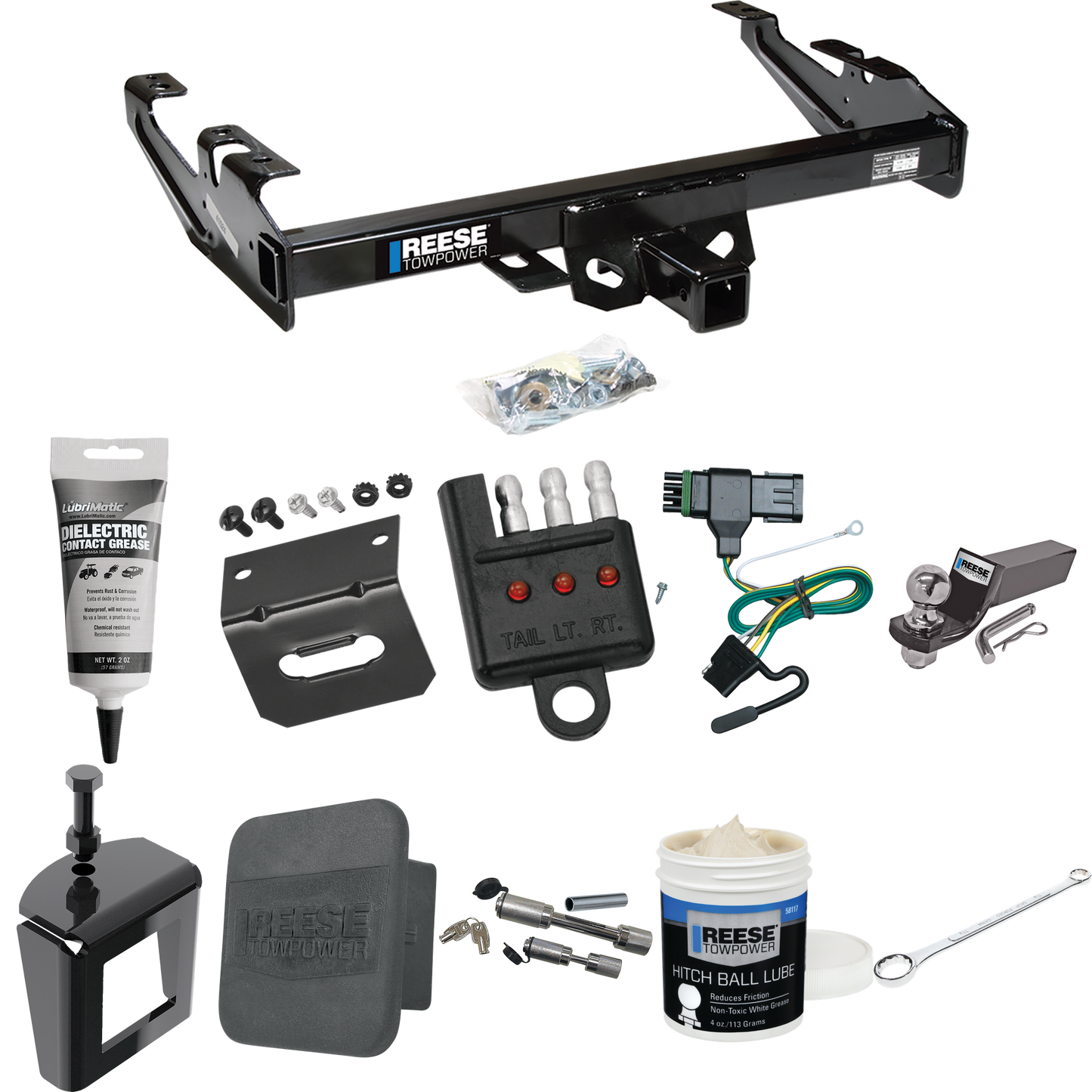 Fits 1992-2000 Chevrolet C3500 Trailer Hitch Tow PKG w/ 4-Flat Wiring + Starter Kit Ball Mount w/ 2" Drop & 2" Ball + Wiring Bracket + Hitch Cover + Dual Hitch & Coupler Locks + Wiring Tester + Ball Lube + Electric Grease + Ball Wrench + Anti Rattle