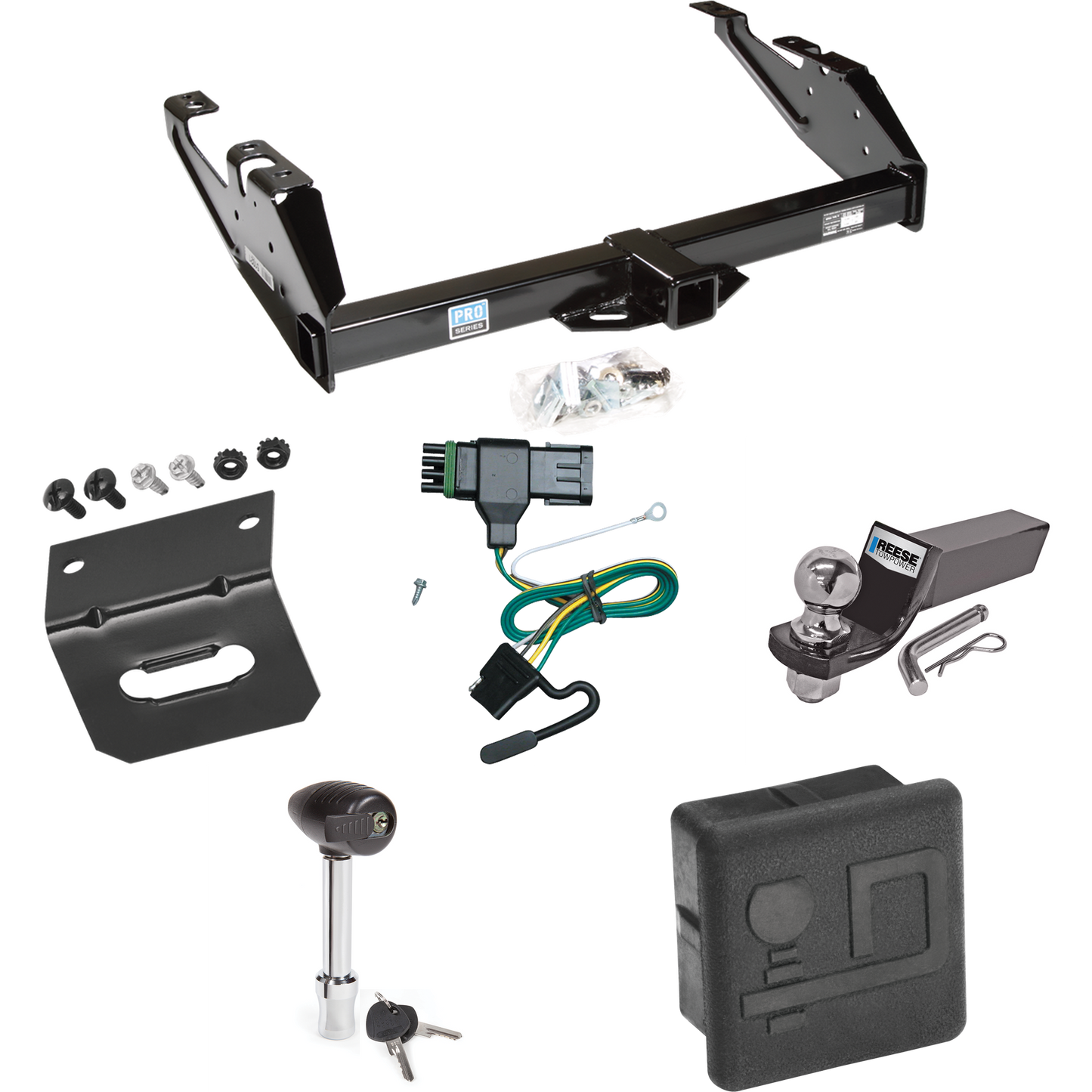 Fits 1988-1999 Chevrolet K2500 Trailer Hitch Tow PKG w/ 4-Flat Wiring + Starter Kit Ball Mount w/ 2" Drop & 2" Ball + Wiring Bracket + Hitch Lock + Hitch Cover (For Regular & Extended Cabs Models) By Reese Towpower