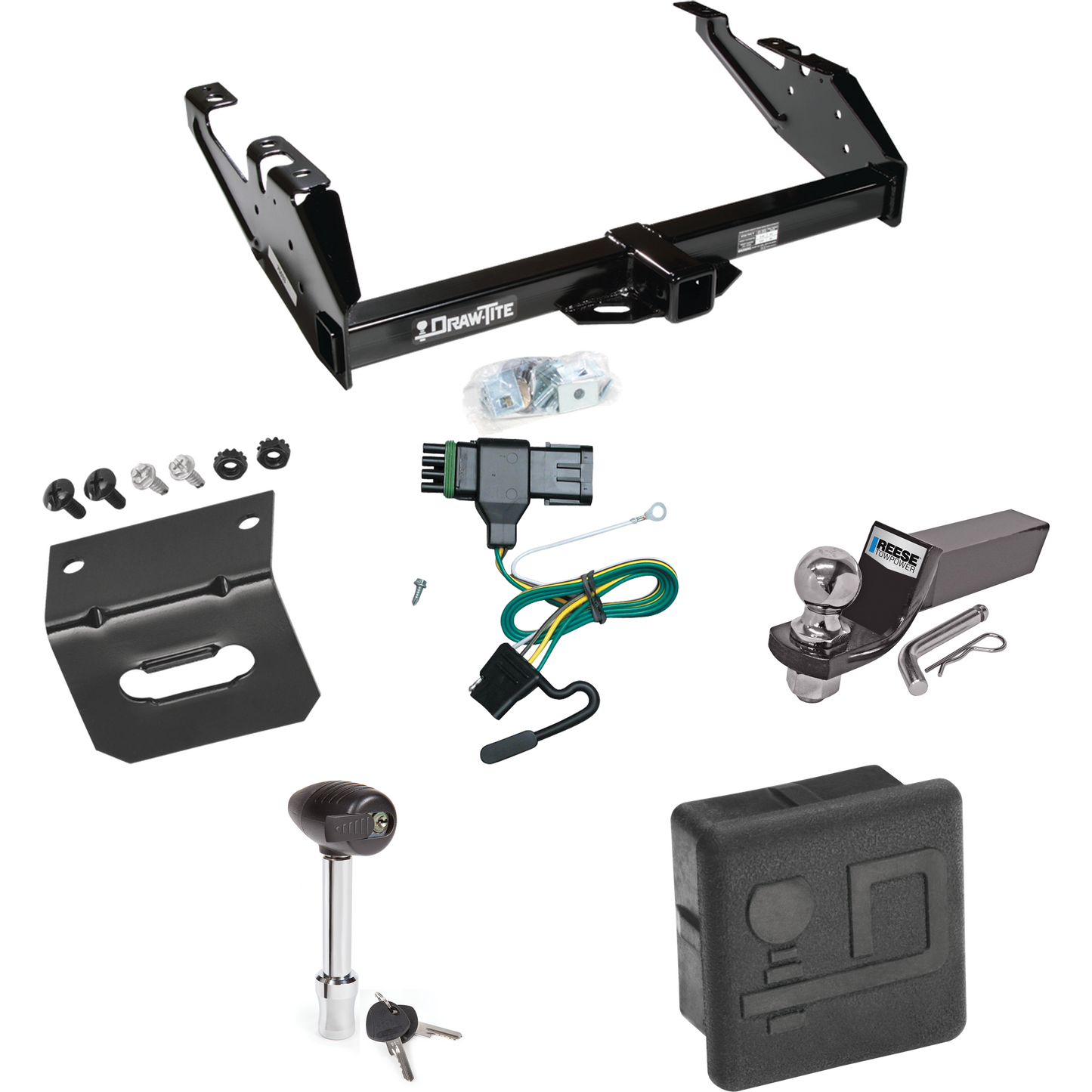 Fits 1988-2000 Chevrolet K3500 Trailer Hitch Tow PKG w/ 4-Flat Wiring + Starter Kit Ball Mount w/ 2" Drop & 2" Ball + Wiring Bracket + Hitch Lock + Hitch Cover (For Regular & Extended Cabs Models) By Draw-Tite