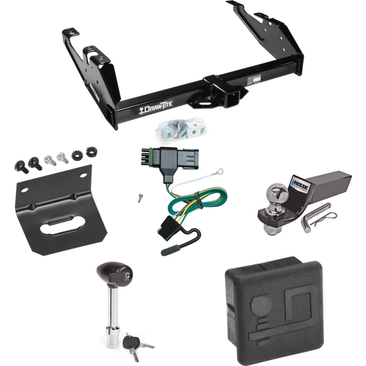 Fits 1988-2000 Chevrolet K3500 Trailer Hitch Tow PKG w/ 4-Flat Wiring + Starter Kit Ball Mount w/ 2" Drop & 2" Ball + Wiring Bracket + Hitch Lock + Hitch Cover (For Regular & Extended Cabs Models) By Draw-Tite