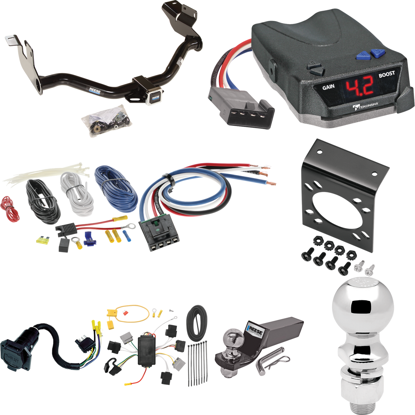 Fits 2005-2006 Mazda Tribute Trailer Hitch Tow PKG w/ Tekonsha BRAKE-EVN Brake Control + Generic BC Wiring Adapter + 7-Way RV Wiring + 2" & 2-5/16" Ball & Drop Mount By Reese Towpower