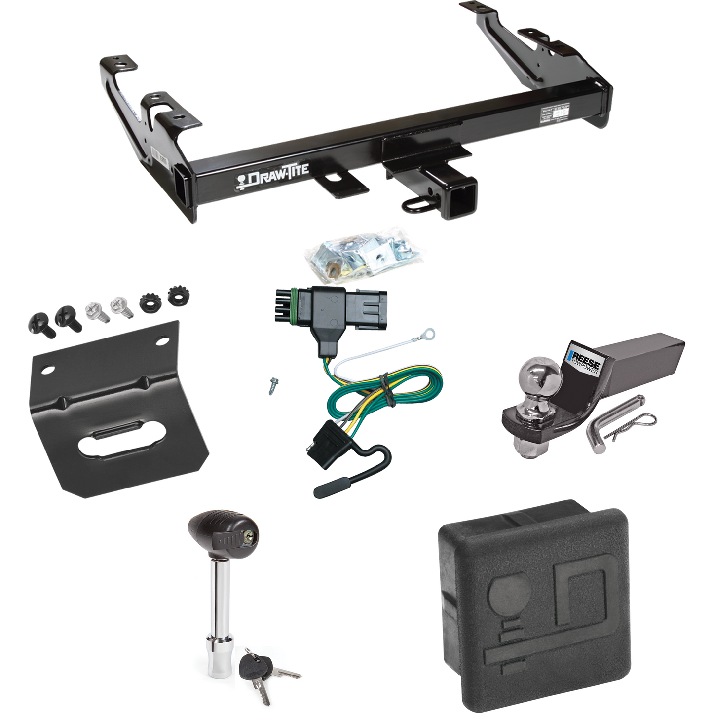 Fits 1992-2000 Chevrolet K3500 Trailer Hitch Tow PKG w/ 4-Flat Wiring + Starter Kit Ball Mount w/ 2" Drop & 2" Ball + Wiring Bracket + Hitch Lock + Hitch Cover (For Crew Cab Models) By Draw-Tite