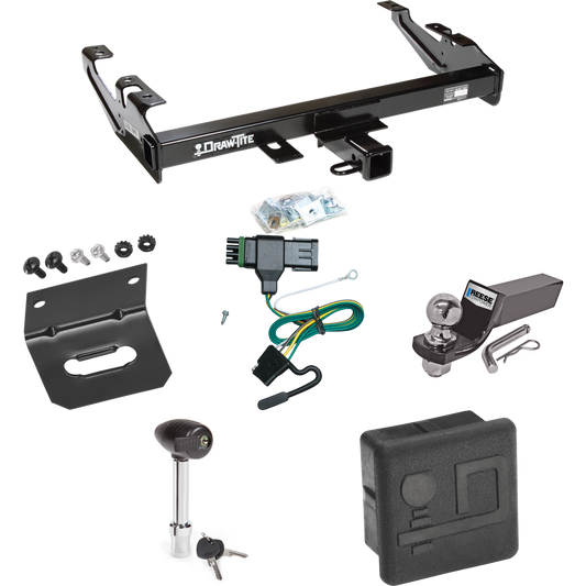 Fits 1992-2000 Chevrolet K3500 Trailer Hitch Tow PKG w/ 4-Flat Wiring + Starter Kit Ball Mount w/ 2" Drop & 2" Ball + Wiring Bracket + Hitch Lock + Hitch Cover (For Crew Cab Models) By Draw-Tite