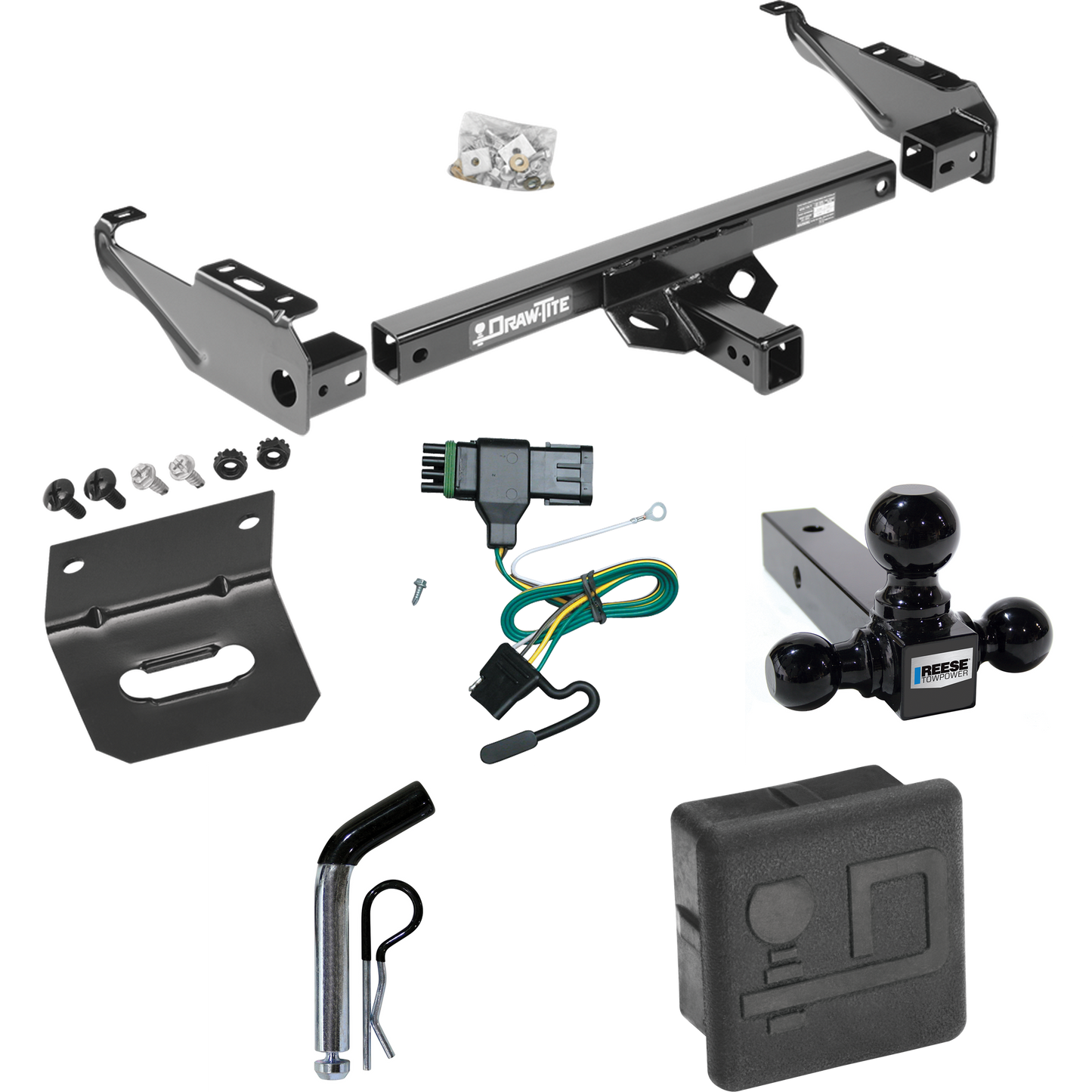 Fits 1988-2000 GMC C2500 Trailer Hitch Tow PKG w/ 4-Flat Wiring + Triple Ball Ball Mount 1-7/8" & 2" & 2-5/16" Trailer Balls + Pin/Clip + Wiring Bracket + Hitch Cover By Draw-Tite