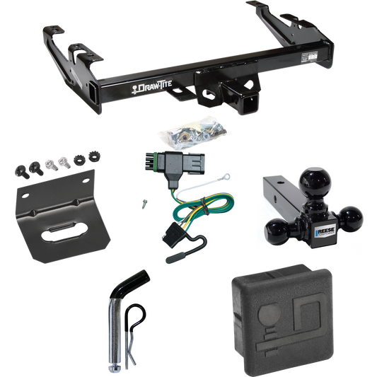 Fits 1988-2000 GMC C2500 Trailer Hitch Tow PKG w/ 4-Flat Wiring + Triple Ball Ball Mount 1-7/8" & 2" & 2-5/16" Trailer Balls + Pin/Clip + Wiring Bracket + Hitch Cover By Draw-Tite