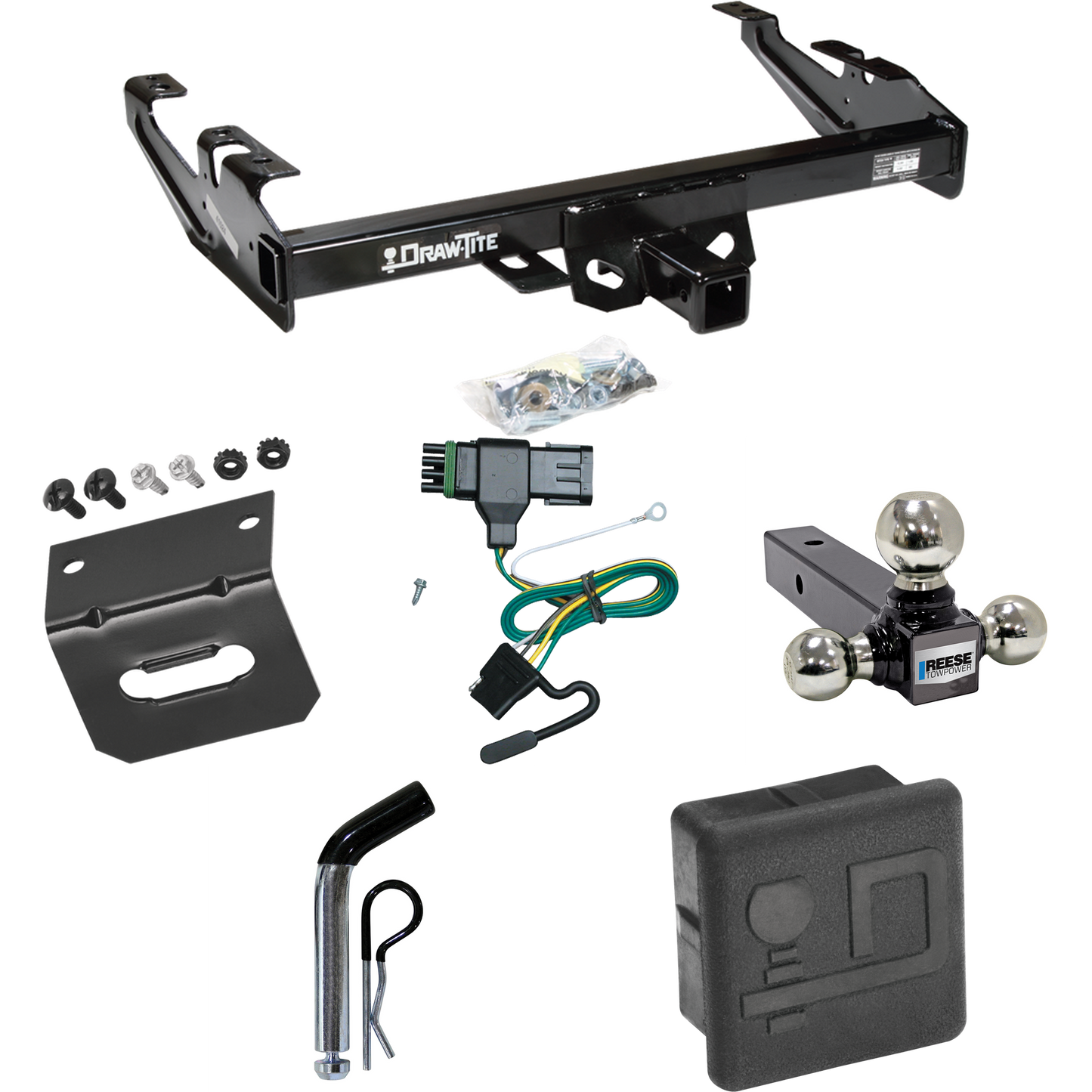Fits 1988-1999 Chevrolet C2500 Trailer Hitch Tow PKG w/ 4-Flat Wiring + Triple Ball Ball Mount 1-7/8" & 2" & 2-5/16" Trailer Balls + Pin/Clip + Wiring Bracket + Hitch Cover (For Regular & Extended Cabs Models) By Draw-Tite