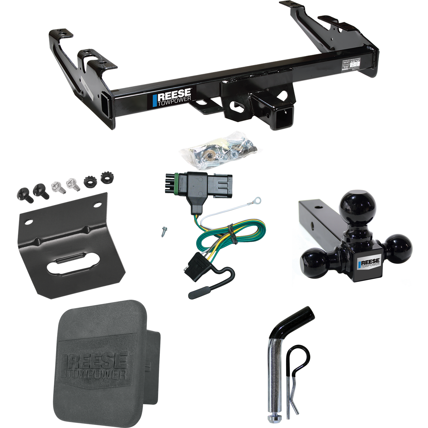 Fits 1988-1999 Chevrolet C2500 Trailer Hitch Tow PKG w/ 4-Flat Wiring + Triple Ball Ball Mount 1-7/8" & 2" & 2-5/16" Trailer Balls + Pin/Clip + Wiring Bracket + Hitch Cover (For Regular & Extended Cabs Models) By Reese Towpower