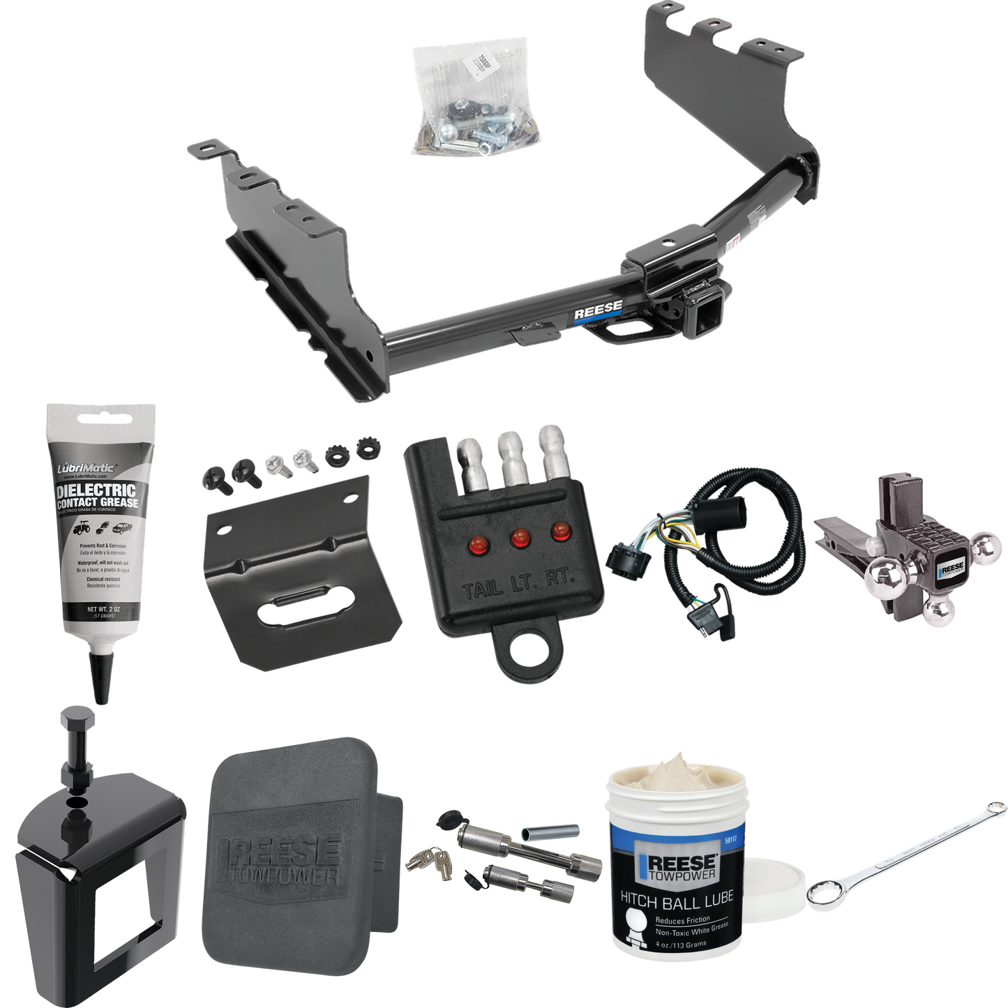 Fits 2014-2018 GMC Sierra 1500 Trailer Hitch Tow PKG w/ 4-Flat Wiring + Adjustable Drop Rise Triple Ball Ball Mount 1-7/8" & 2" & 2-5/16" Trailer Balls + Wiring Bracket + Hitch Cover + Dual Hitch & Coupler Locks + Wiring Tester + Ball Lube + Electric