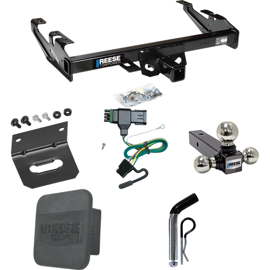 Fits 1988-2000 GMC K2500 Trailer Hitch Tow PKG w/ 4-Flat Wiring + Triple Ball Ball Mount 1-7/8" & 2" & 2-5/16" Trailer Balls + Pin/Clip + Wiring Bracket + Hitch Cover By Reese Towpower