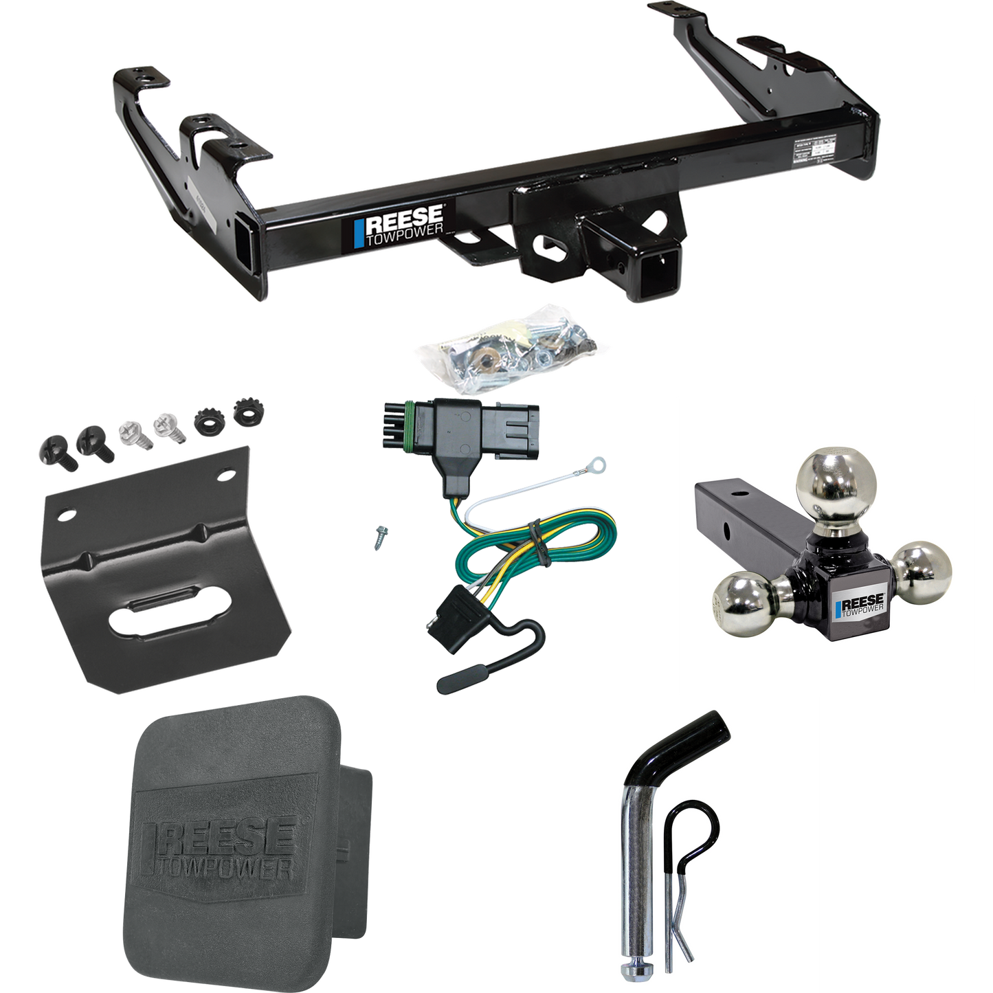 Fits 1992-2000 Chevrolet K3500 Trailer Hitch Tow PKG w/ 4-Flat Wiring + Triple Ball Ball Mount 1-7/8" & 2" & 2-5/16" Trailer Balls + Pin/Clip + Wiring Bracket + Hitch Cover (For Crew Cab Models) By Reese Towpower