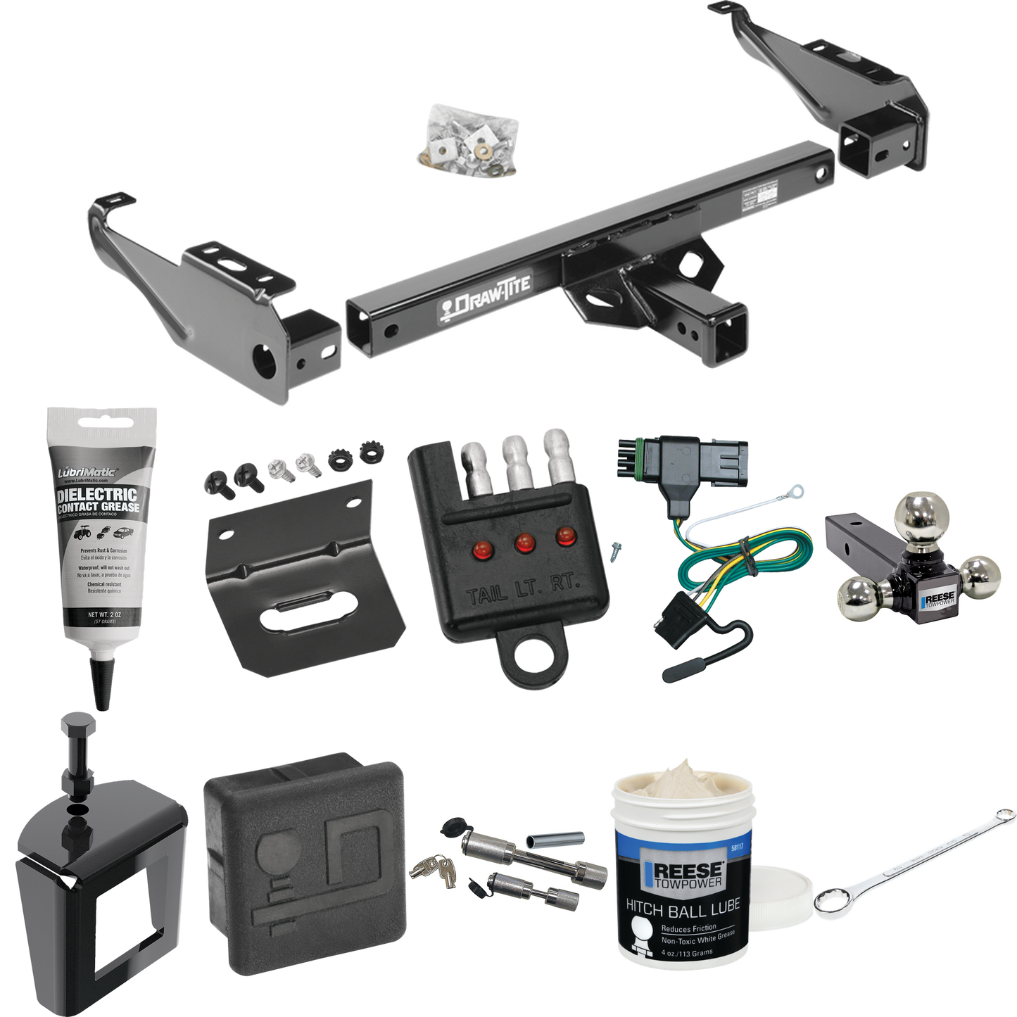 Fits 1988-1999 Chevrolet C1500 Trailer Hitch Tow PKG w/ 4-Flat Wiring + Triple Ball Ball Mount 1-7/8" & 2" & 2-5/16" Trailer Balls + Wiring Bracket + Hitch Cover + Dual Hitch & Coupler Locks + Wiring Tester + Ball Lube + Electric Grease + Ball Wrench