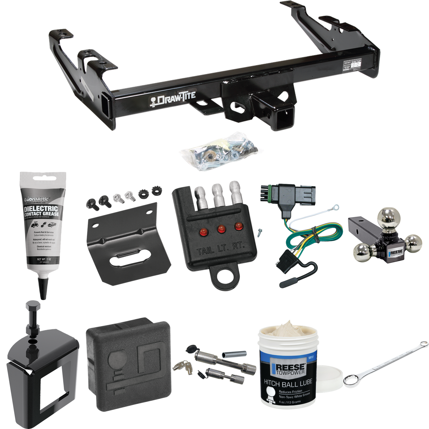 Fits 1988-1999 GMC K1500 Trailer Hitch Tow PKG w/ 4-Flat Wiring + Triple Ball Ball Mount 1-7/8" & 2" & 2-5/16" Trailer Balls + Wiring Bracket + Hitch Cover + Dual Hitch & Coupler Locks + Wiring Tester + Ball Lube + Electric Grease + Ball Wrench + Ant