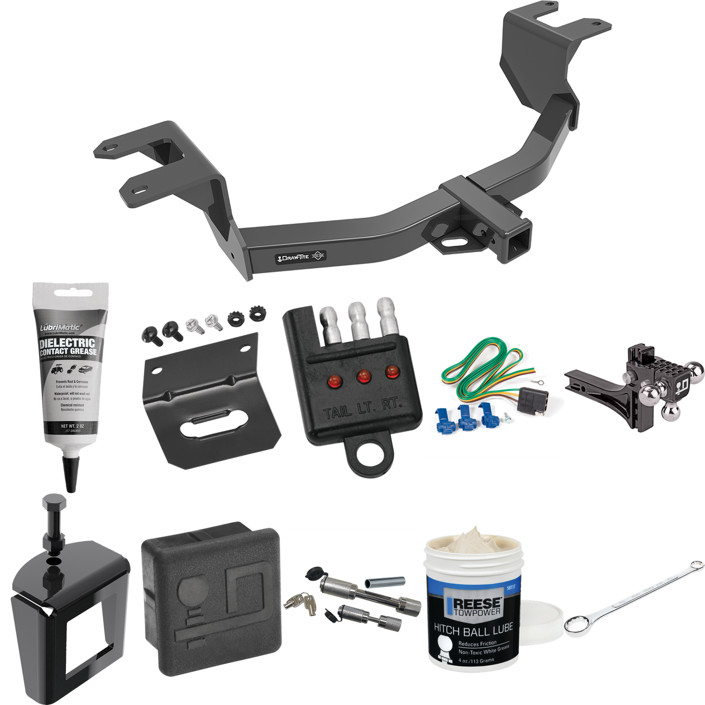 Fits 2019-2023 Chevrolet Silverado 1500 Trailer Hitch Tow PKG w/ 4-Flat Wiring + Adjustable Drop Rise Triple Ball Ball Mount 1-7/8" & 2" & 2-5/16" Trailer Balls + Wiring Bracket + Hitch Cover + Dual Hitch & Coupler Locks + Wiring Tester + Ball Lube +