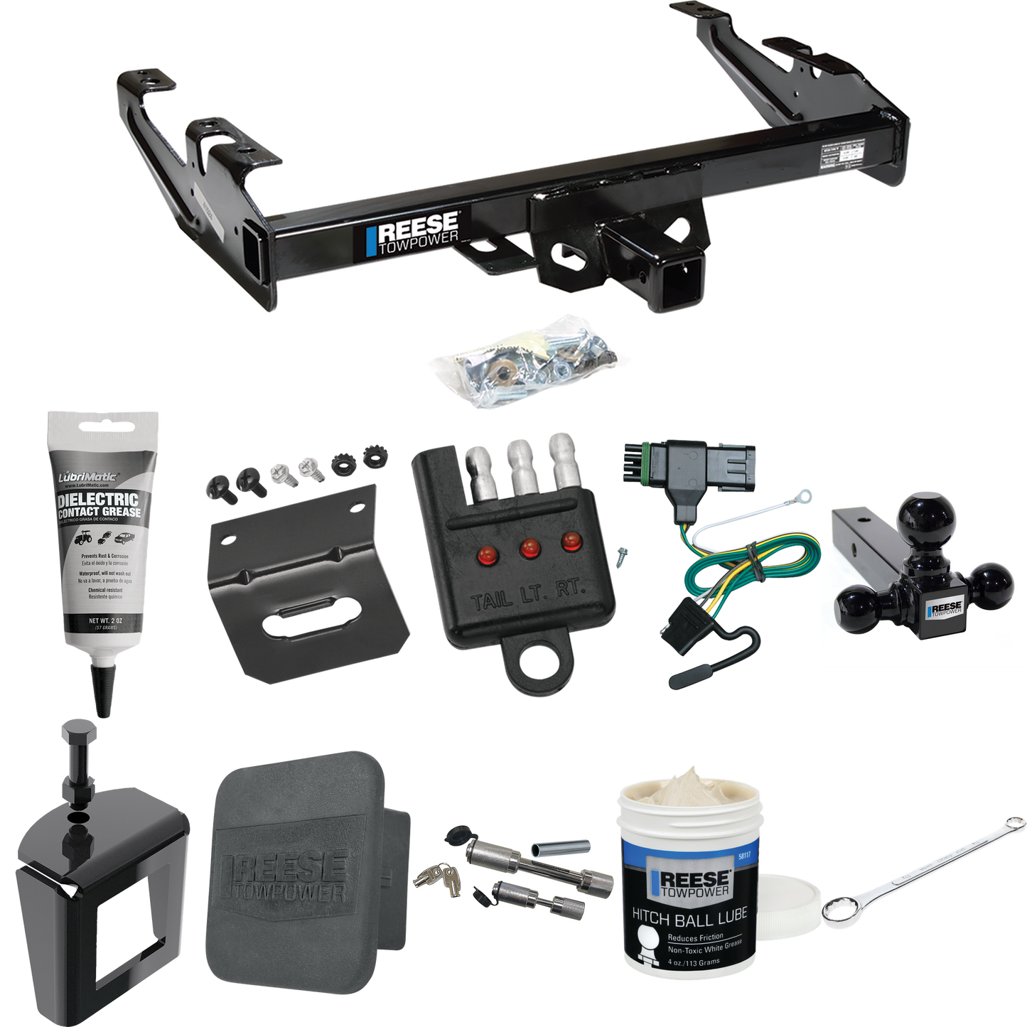 Fits 1988-2000 GMC K2500 Trailer Hitch Tow PKG w/ 4-Flat Wiring + Triple Ball Ball Mount 1-7/8" & 2" & 2-5/16" Trailer Balls + Wiring Bracket + Hitch Cover + Dual Hitch & Coupler Locks + Wiring Tester + Ball Lube + Electric Grease + Ball Wrench + Ant