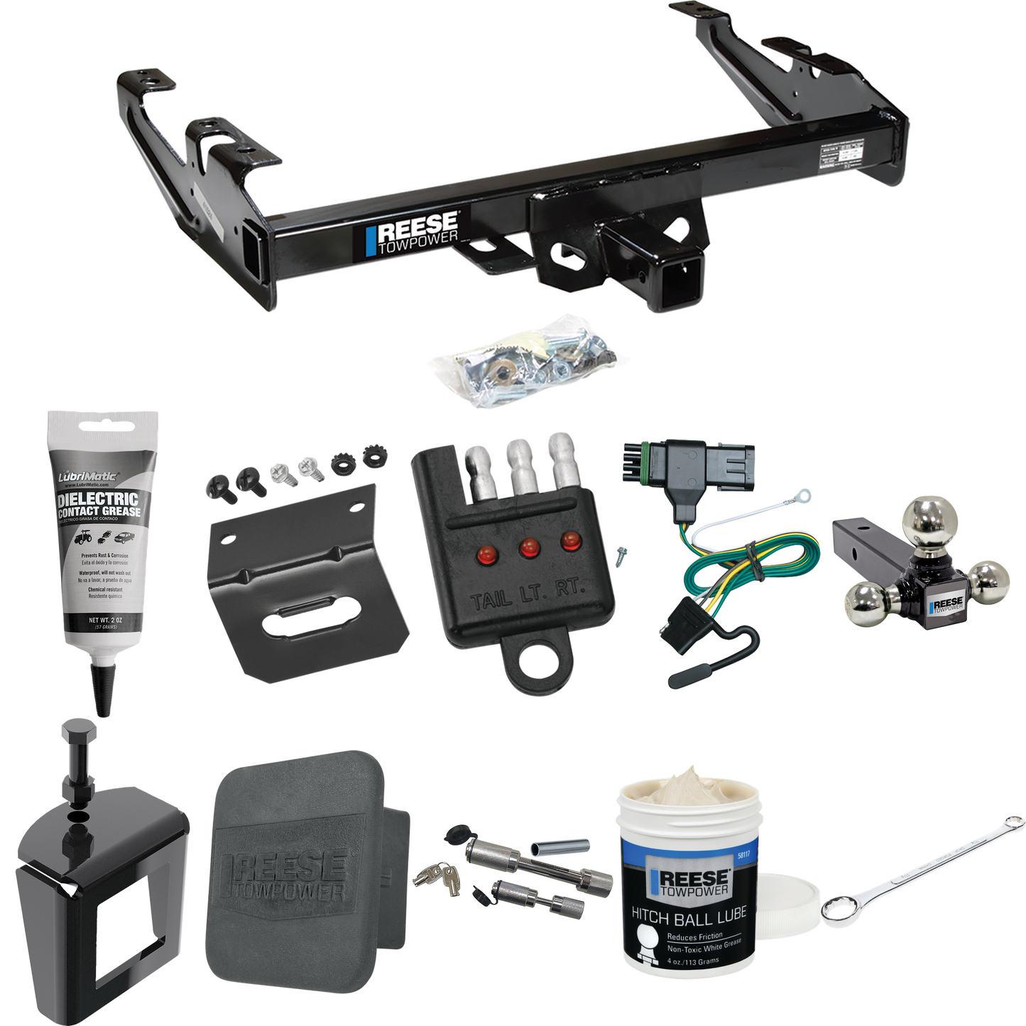 Fits 1988-1999 Chevrolet K1500 Trailer Hitch Tow PKG w/ 4-Flat Wiring + Triple Ball Ball Mount 1-7/8" & 2" & 2-5/16" Trailer Balls + Wiring Bracket + Hitch Cover + Dual Hitch & Coupler Locks + Wiring Tester + Ball Lube + Electric Grease + Ball Wrench