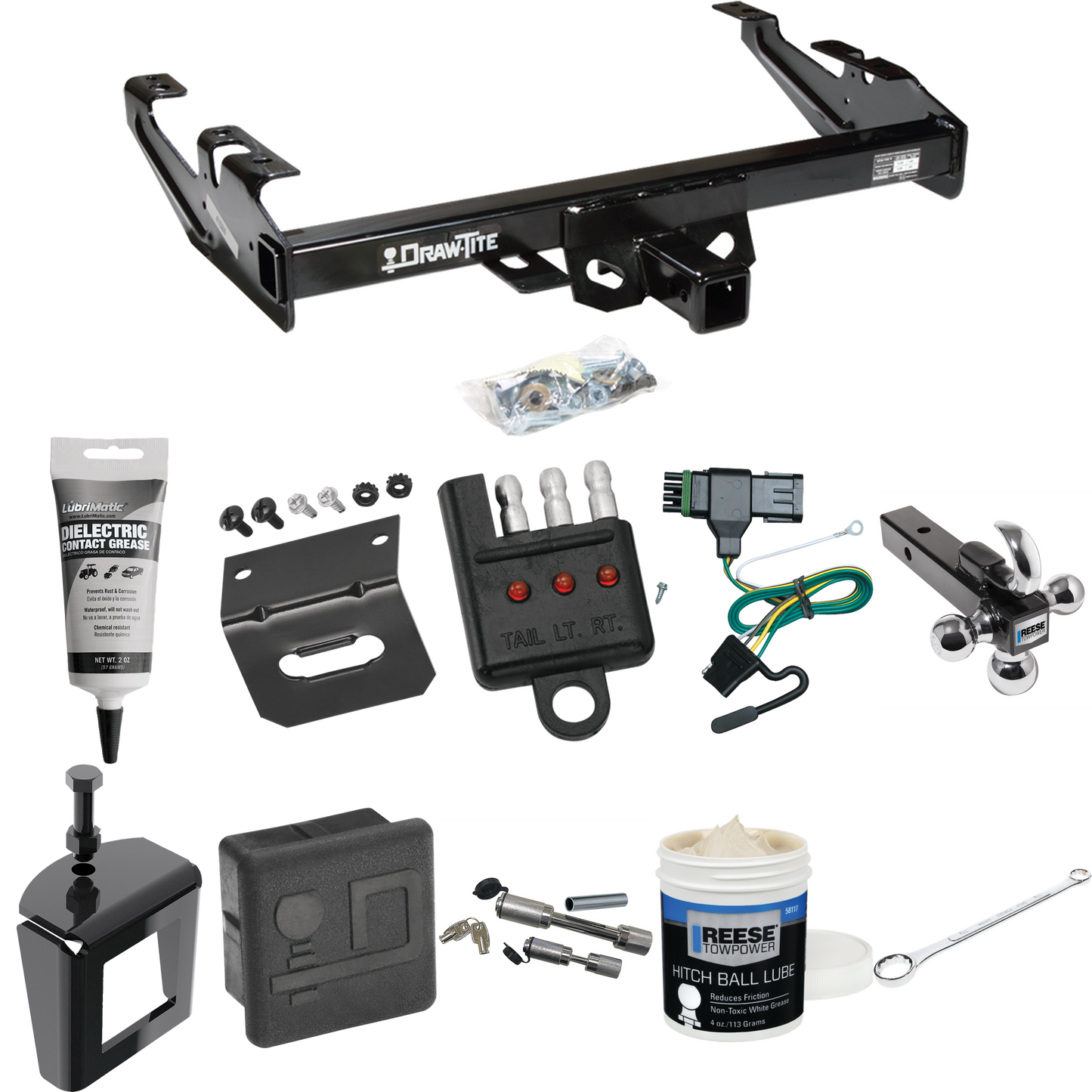 Fits 1988-1999 GMC K1500 Trailer Hitch Tow PKG w/ 4-Flat Wiring + Triple Ball Ball Mount 1-7/8" & 2" & 2-5/16" Trailer Balls w/ Tow Hook + Wiring Bracket + Hitch Cover + Dual Hitch & Coupler Locks + Wiring Tester + Ball Lube + Electric Grease + Ball