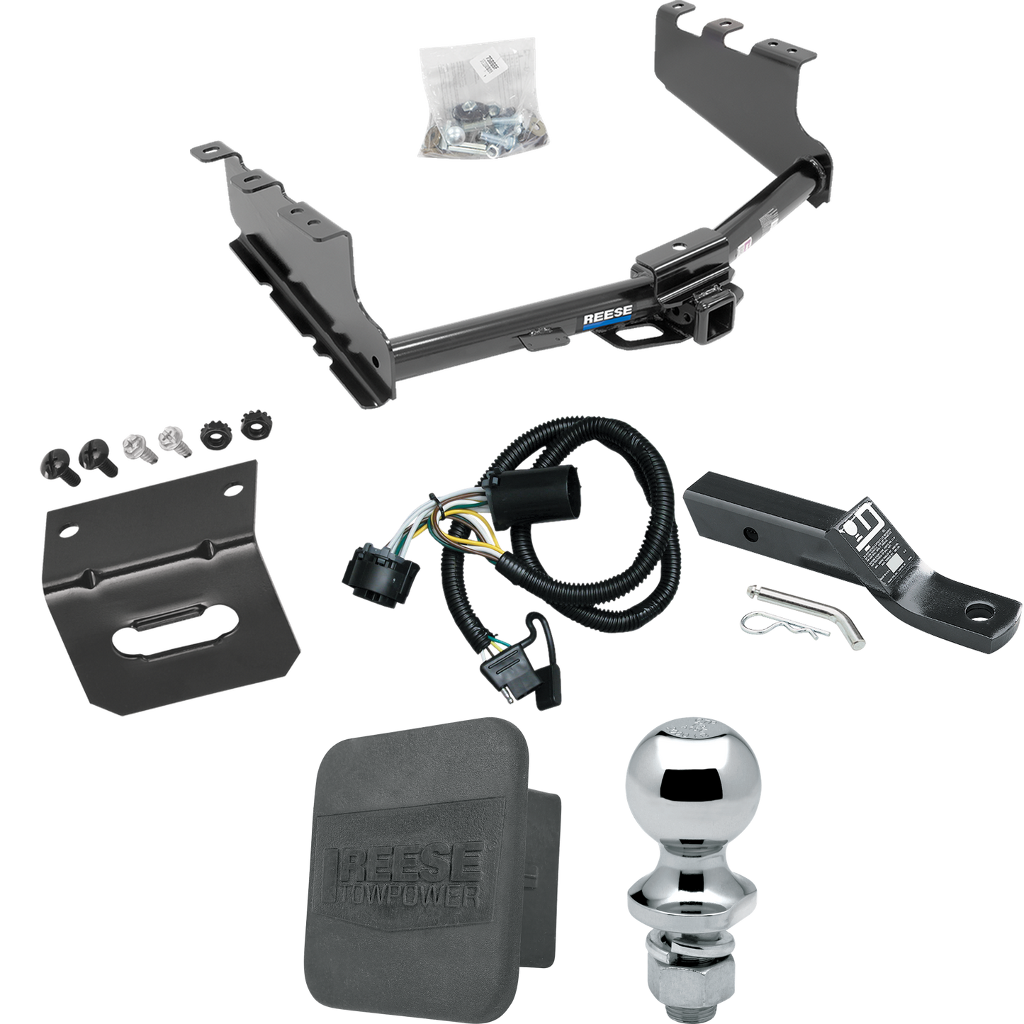 Fits 2019-2019 Chevrolet Silverado 1500 LD (Old Body) Trailer Hitch Tow PKG w/ 4-Flat Wiring + Ball Mount w/ 2" Drop + 1-7/8" Ball + Wiring Bracket + Hitch Cover By Reese Towpower