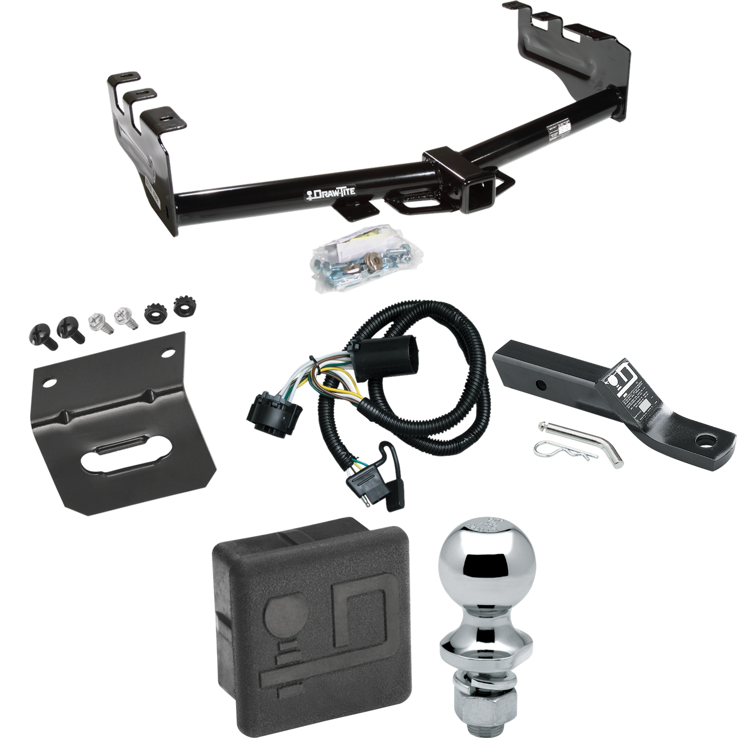 Fits 2007-2013 Chevrolet Silverado 1500 Trailer Hitch Tow PKG w/ 4-Flat Wiring + Ball Mount w/ 2" Drop + 1-7/8" Ball + Wiring Bracket + Hitch Cover By Draw-Tite