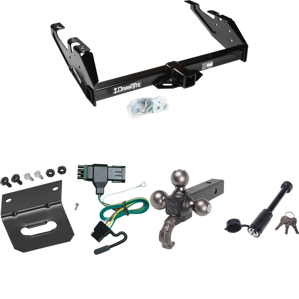 Fits 1988-2000 GMC C2500 Trailer Hitch Tow PKG w/ 4-Flat Wiring + Triple Ball Tactical Ball Mount 1-7/8" & 2" & 2-5/16" Balls w/ Tow Hook + Tactical Dogbone Lock + Wiring Bracket By Draw-Tite