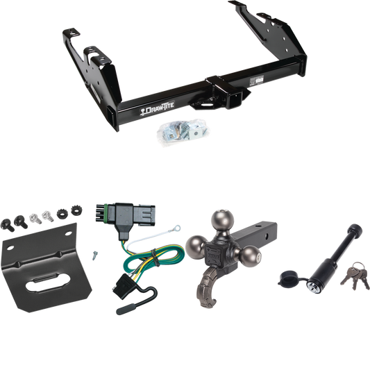 Fits 1988-2000 GMC C2500 Trailer Hitch Tow PKG w/ 4-Flat Wiring + Triple Ball Tactical Ball Mount 1-7/8" & 2" & 2-5/16" Balls w/ Tow Hook + Tactical Dogbone Lock + Wiring Bracket By Draw-Tite