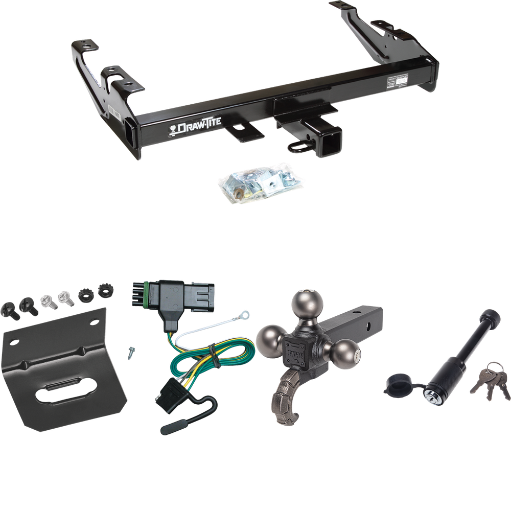 Fits 1992-2000 Chevrolet K2500 Trailer Hitch Tow PKG w/ 4-Flat Wiring + Triple Ball Tactical Ball Mount 1-7/8" & 2" & 2-5/16" Balls w/ Tow Hook + Tactical Dogbone Lock + Wiring Bracket (For Crew Cab Models) By Draw-Tite