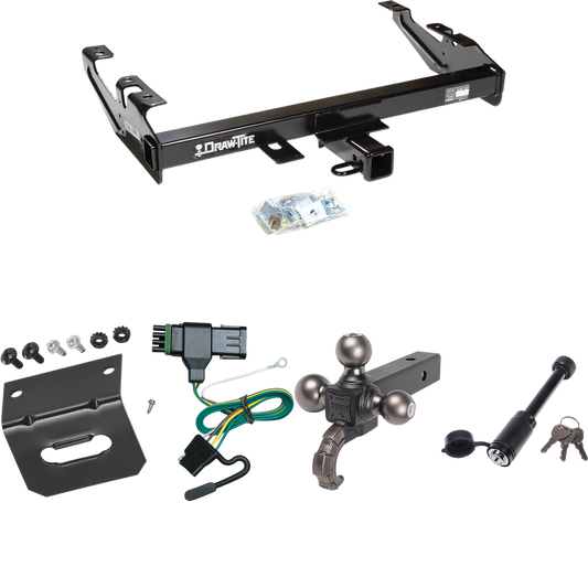 Fits 1992-2000 Chevrolet K2500 Trailer Hitch Tow PKG w/ 4-Flat Wiring + Triple Ball Tactical Ball Mount 1-7/8" & 2" & 2-5/16" Balls w/ Tow Hook + Tactical Dogbone Lock + Wiring Bracket (For Crew Cab Models) By Draw-Tite